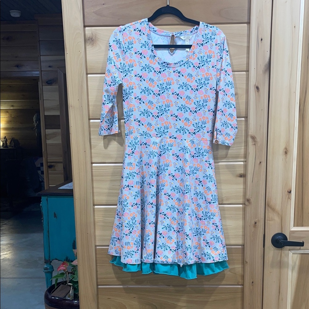 Matilda Jane Light Blue Floral Midi Dress with Coral and Teal Accents